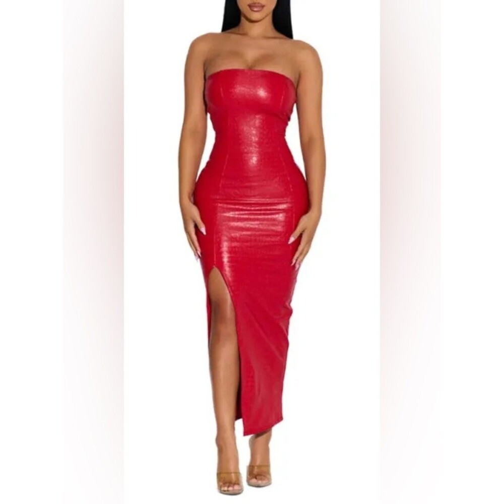 Naked Wardrobe The Crocodile Chic Strapless Faux Leather Dress in Red Nordstrom